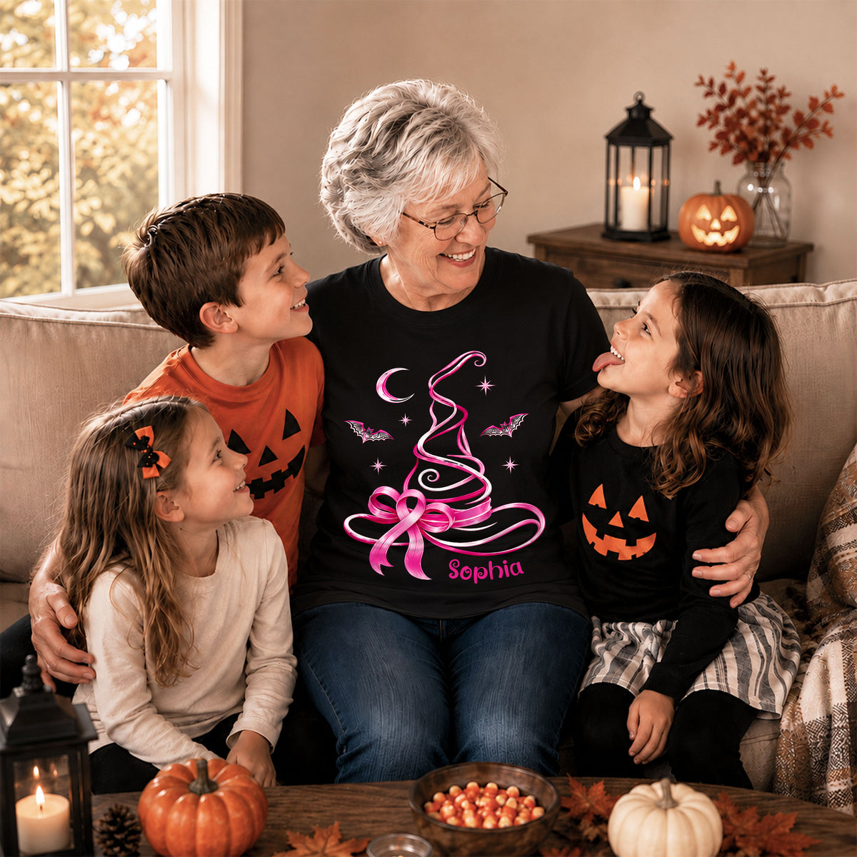 Personalized Halloween Breast Cancer Awareness Shirt for Women, Pink Ribbon Witch Hat Design, Custom Name Family Matching Tee