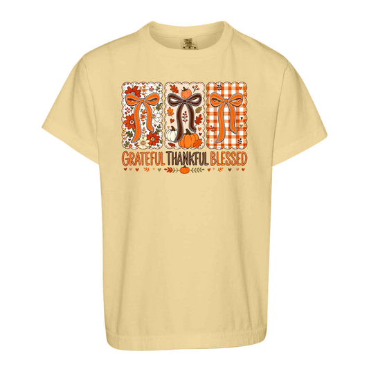Girls Thanksgiving Shirt, Grateful Thankful Blessed Turkey Pumpkin Bow, Fall Gift for Kids & Women