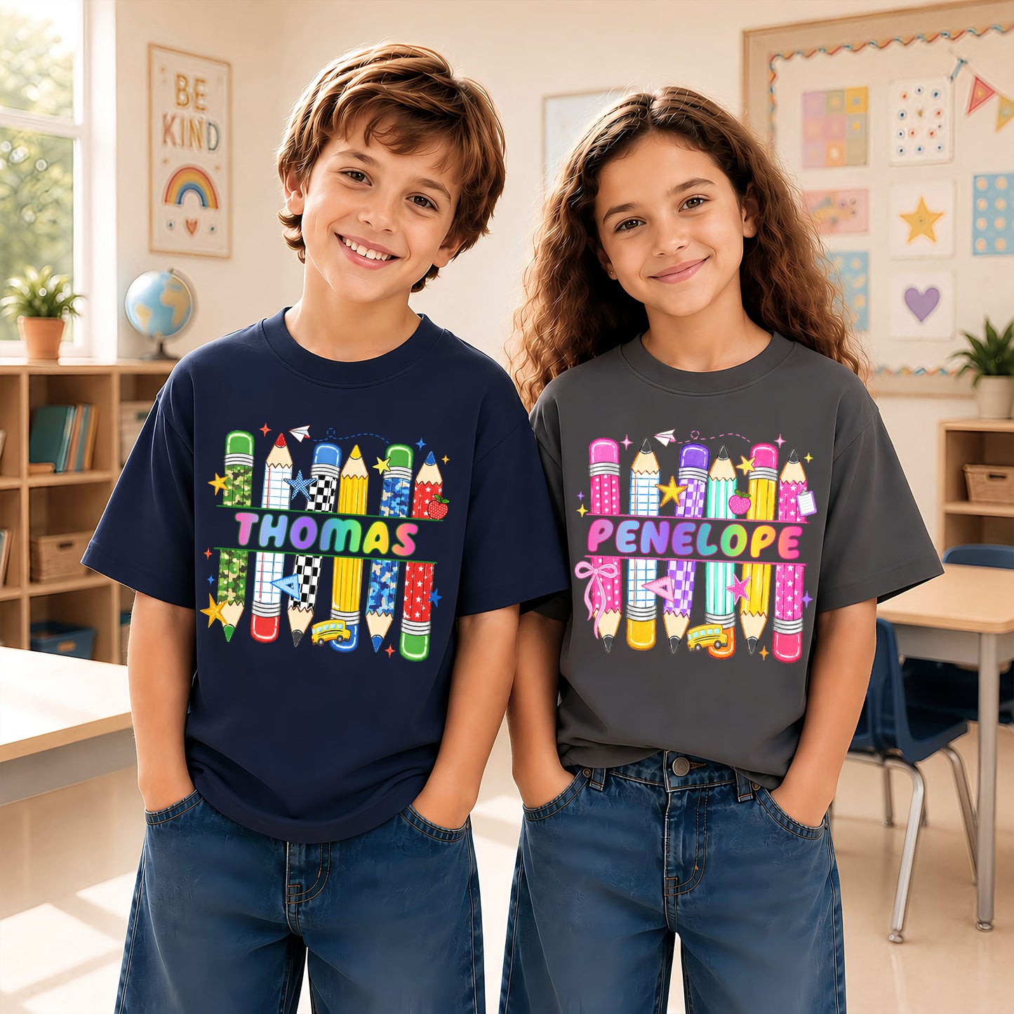 Colorful Pencil School Shirt - Custom Name Kids T-shirt - Back To School Outfit for Boys & Girls