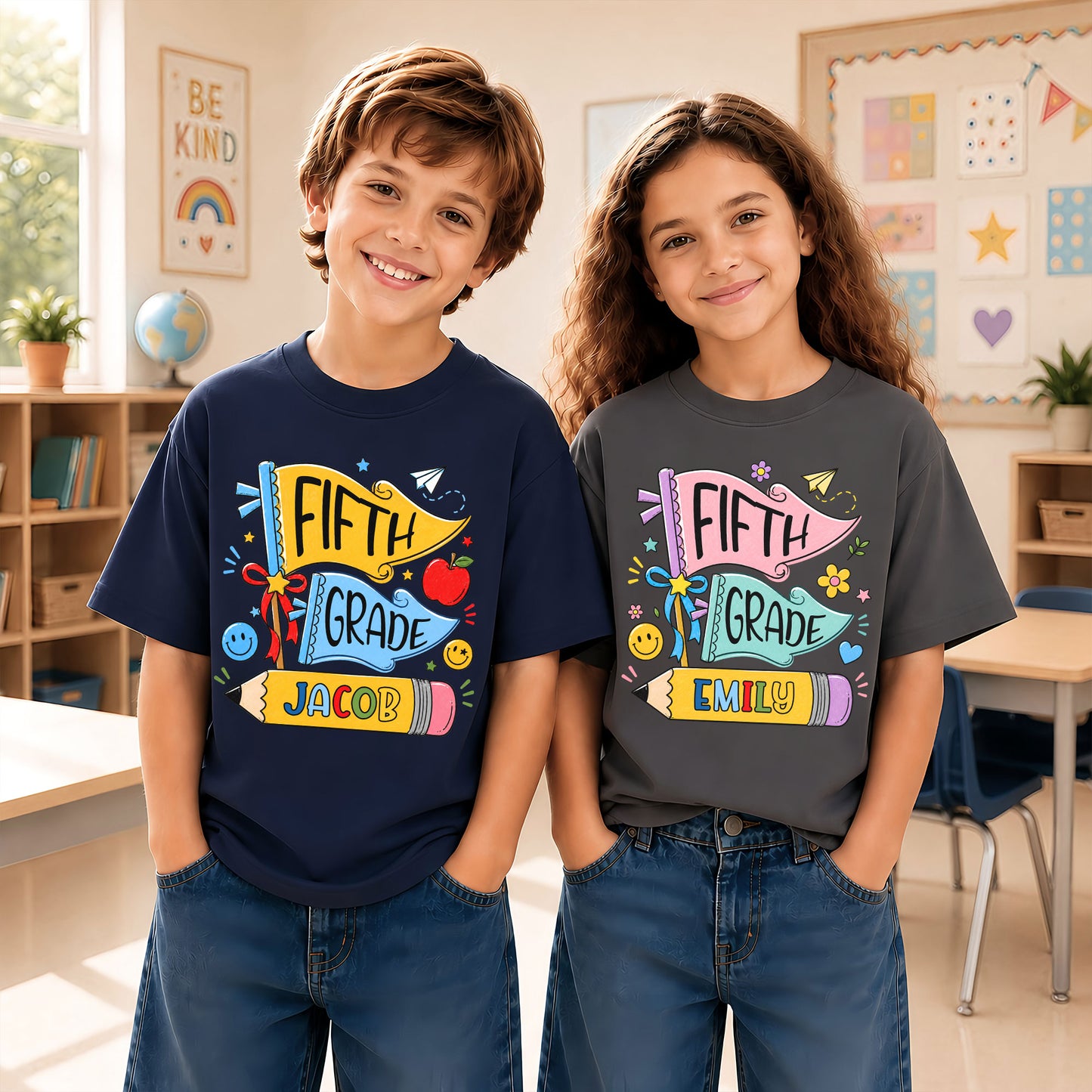 Personalized Back To School Shirt - Colorful Pennant Custom Grade & Name Kids T-Shirt - First Day of School Gift for Boys & Girls