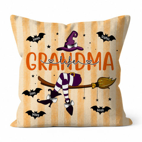 Personalized Halloween Family Pillow - Custom Kid Names Grandma Mom Pillow - Witch Broom Family Decor, Spooky Season Decor