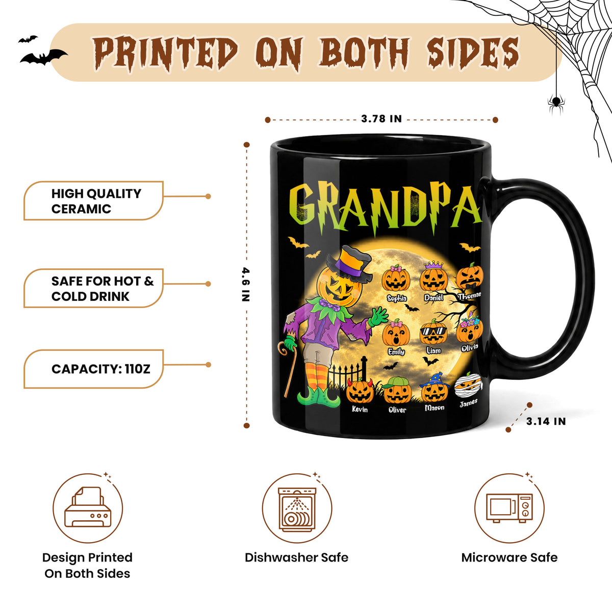 Personalized Halloween Grandpa Black Mug - Grandpa Pumpkin Patch Coffee Cup - Cute Pumpkin Family Gift