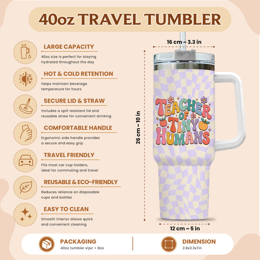 Retro Groovy Teacher Tumbler with Handle - Teacher of Tiny Humans - Personalized Teacher To Go Cup - Retro Gift for Teachers