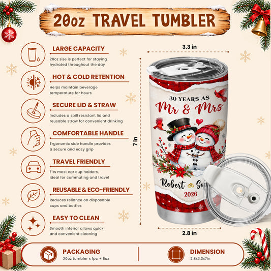 Personalized Snowman Couple Christmas Tumbler, Custom Names Anniversary Gift for Couples