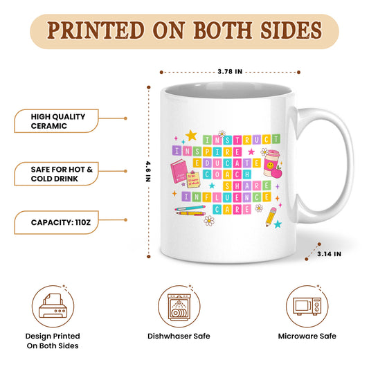 Colorful Teacher Crossword Mug - Personalized Teacher Name Ceramic Coffee Cup - Motivational Gift for Teachers