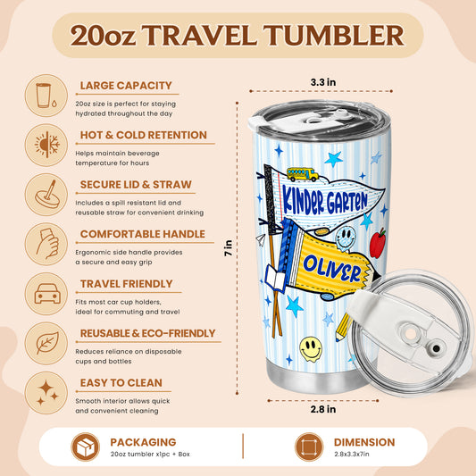 Personalized Back to School Tumbler - Custom Name & Class for Teachers and Students, Striped Blue 20oz Travel Cup