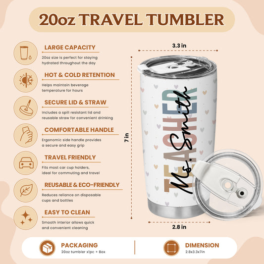Pastel Rainbow Teacher Tumbler - Custom Teacher & Student's Name Stainless Steel Tumbler - Appreciation Gift for Teachers