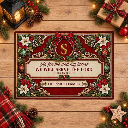 Personalized Christmas Door Mat - Serve The Lord Family Mat - Christmas Entryway Decor, Christian Holiday Gift