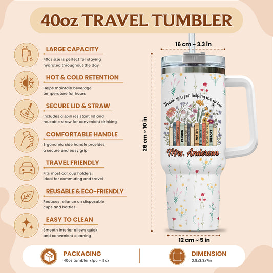 Vintage Floral Book Teacher Tumbler With Handle - Thank You Teacher To Go Cup - Personalized Back To School Gift for Teacher
