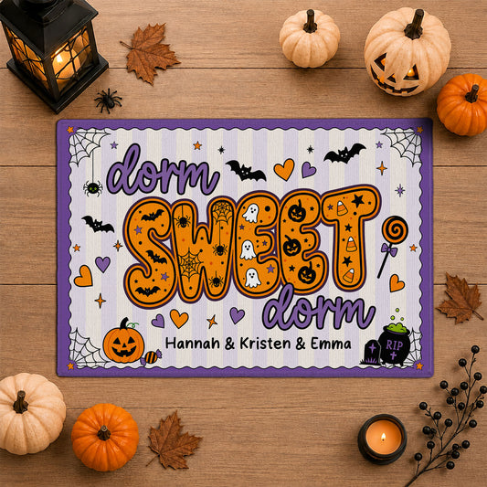 Personalized Halloween Doormat - Custom Name Dorm Sweet Dorm Mat - College Dorm Room Decor, Spooky Fall Decor