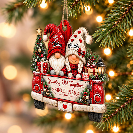 Personalized Custom Shape Wooden Ornament - Gnome Couple Growing Old Together - Christmas Gift for Couples
