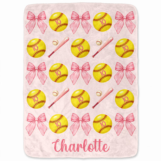 Personalized Softball Blanket for Girls - Custom Name Bow Softball Throw - Christmas Gift, Teen Athlete Gift