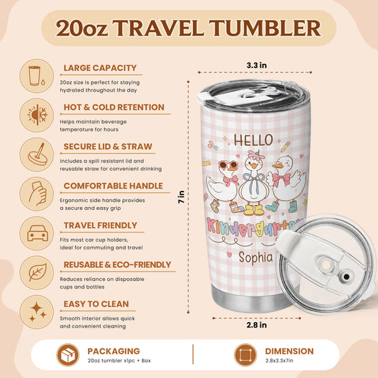 Personalized Hello Kindergarten Tumbler with Custom Grade & Name, Back to School Student Travel Cup, First Day of School Gift for Kids Students