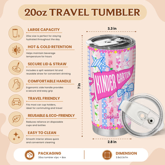 Personalized Back to School Tumbler - Custom Name & Class for Teachers and Students, Pastel Bow 20oz Travel