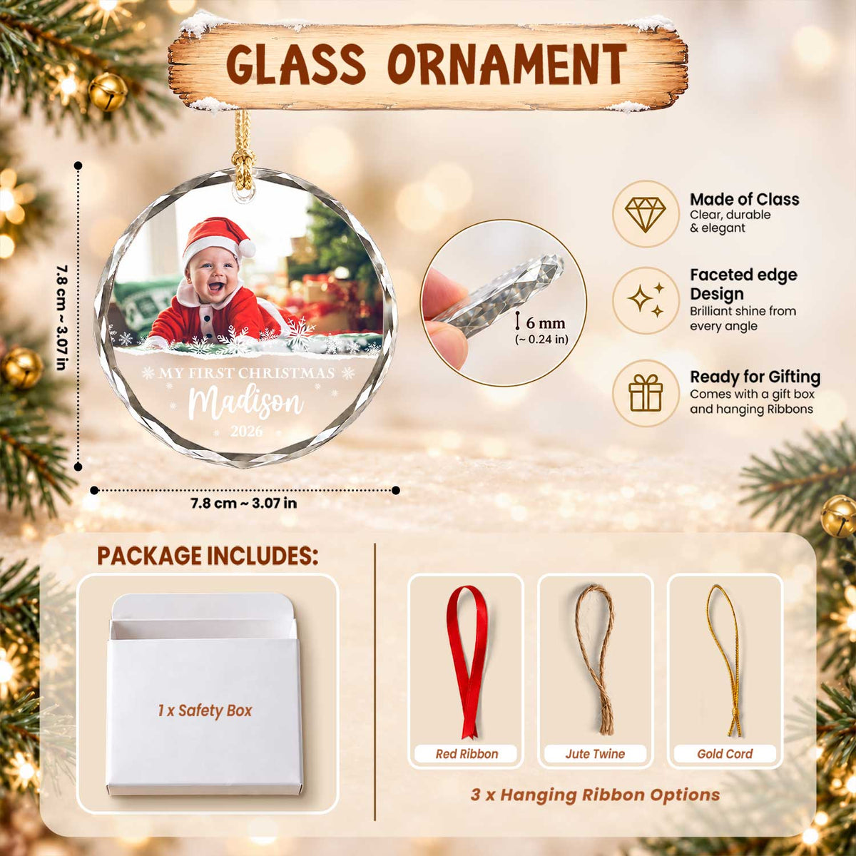 Personalized Christmas Glass Ornament - Custom Photo Baby's First Christmas 2026 - New Born Baby Christmas Gift