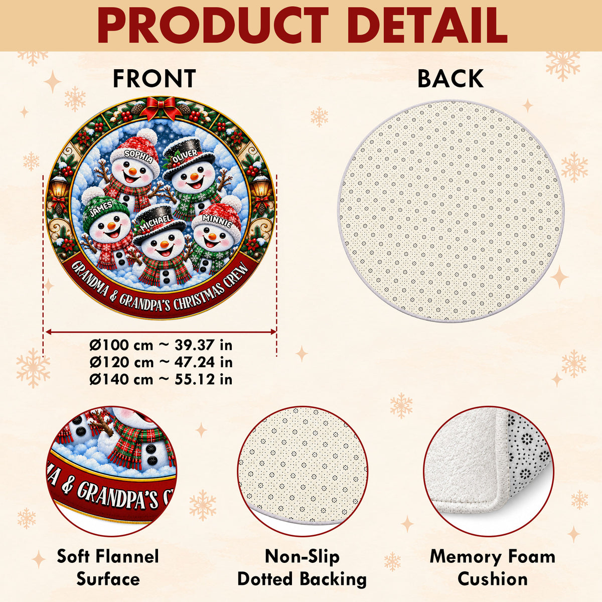 Personalized Christmas Round Rug - Snowman Christmas Crew 3D Effect Rug - Christmas Gift for Grandparents