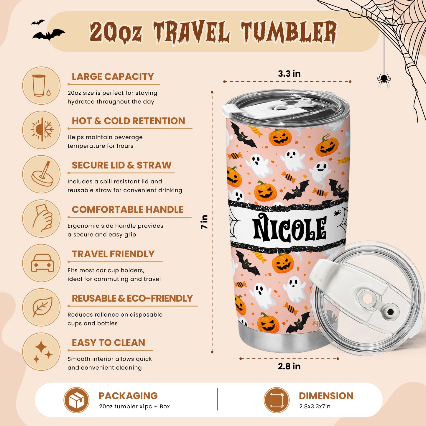 Personalized Halloween Tumbler with Name - Cute Halloween Pattern Tumbler, 20oz Insulated Travel Cup - Custom Fall Gift