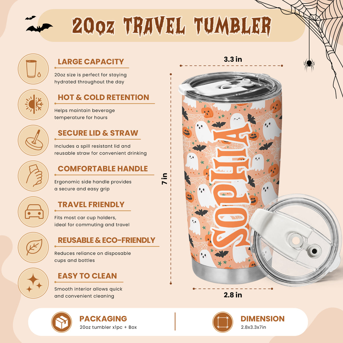 Personalized Halloween Tumbler with Name - Cute Halloween Pattern Tumbler, 20oz Insulated To Go Cup - Halloween Lovers Gift