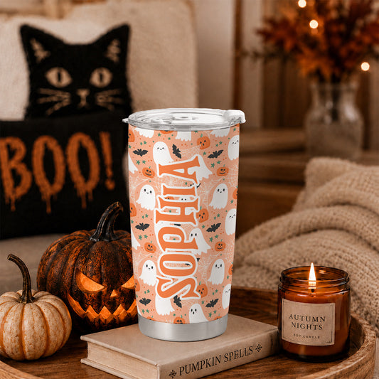 Personalized Halloween Tumbler with Name - Cute Halloween Pattern Tumbler, 20oz Insulated To Go Cup - Halloween Lovers Gift