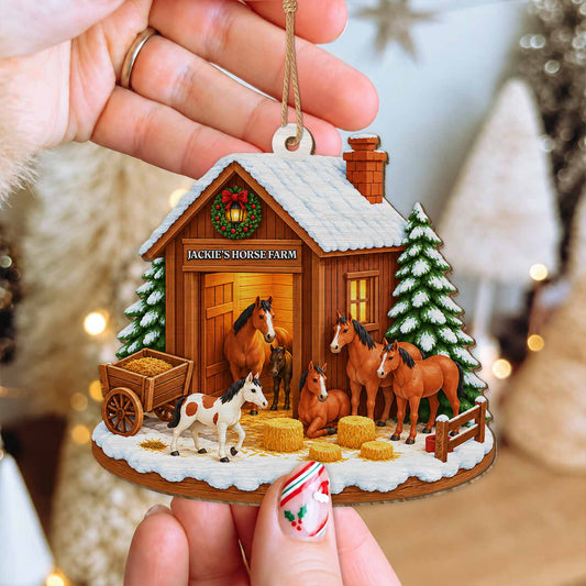 Personalized Custom Shape Wood Ornament - Custom Kid Name Horse Barn Ornament - Farmhouse Holiday Keepsake