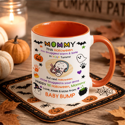 Personalized Baby's First Halloween Mug for New Mom, From Baby Bump - Pregnancy Announcement Accent Mug