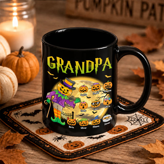 Personalized Halloween Grandpa Black Mug - Grandpa Pumpkin Patch Coffee Cup - Cute Pumpkin Family Gift