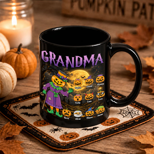 Personalized Halloween Grandma Black Mug - Grandma Pumpkin Patch Coffee Cup - Cute Pumpkin Family Gift