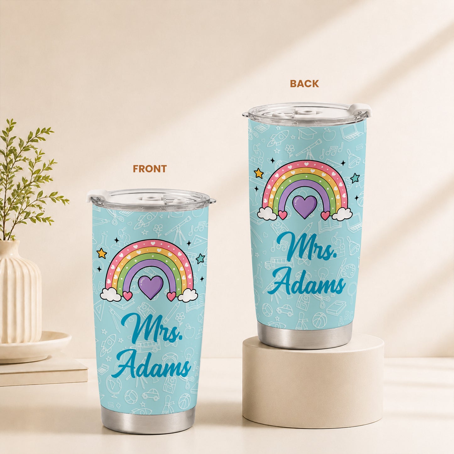 Pastel Teacher Tumbler - Custom Teacher Name Stainless Steel Tumbler - Back To School Gift for Teachers