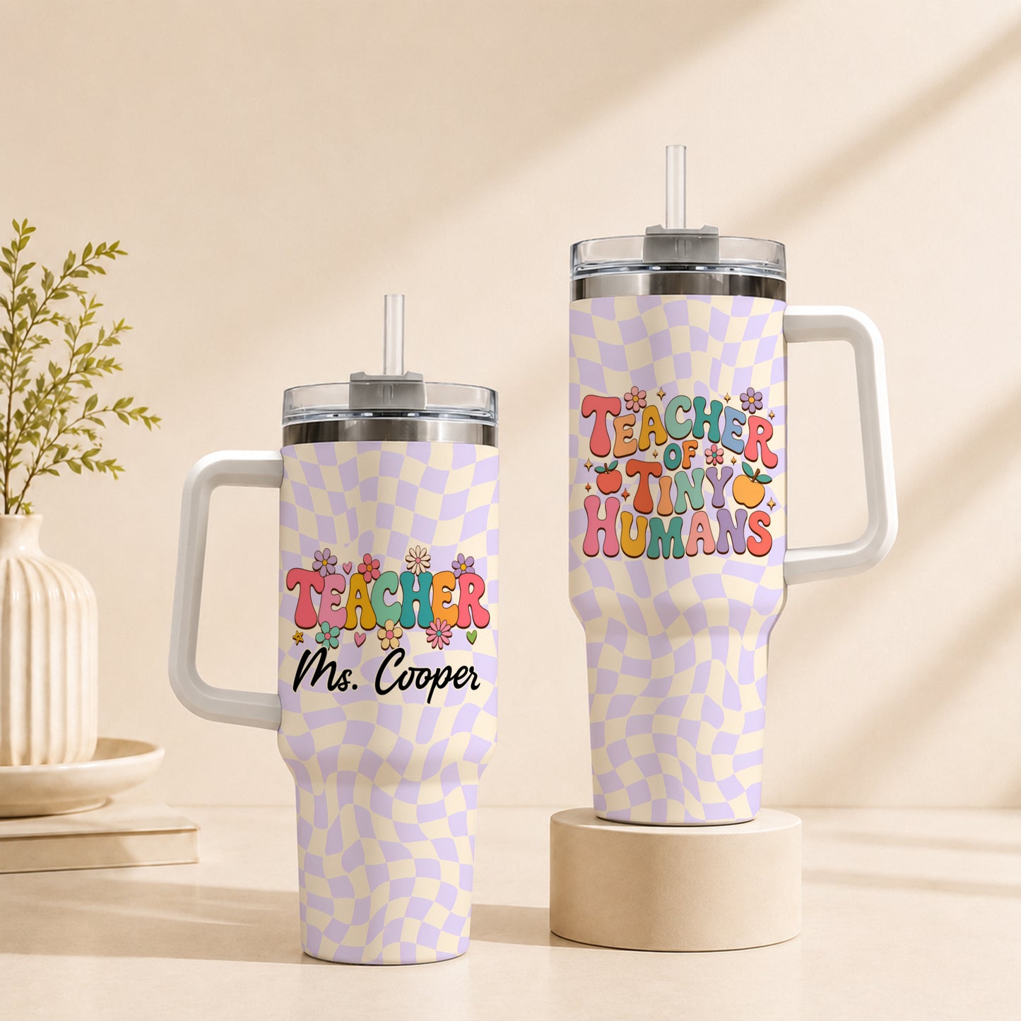 Retro Groovy Teacher Tumbler with Handle - Teacher of Tiny Humans - Personalized Teacher To Go Cup - Retro Gift for Teachers