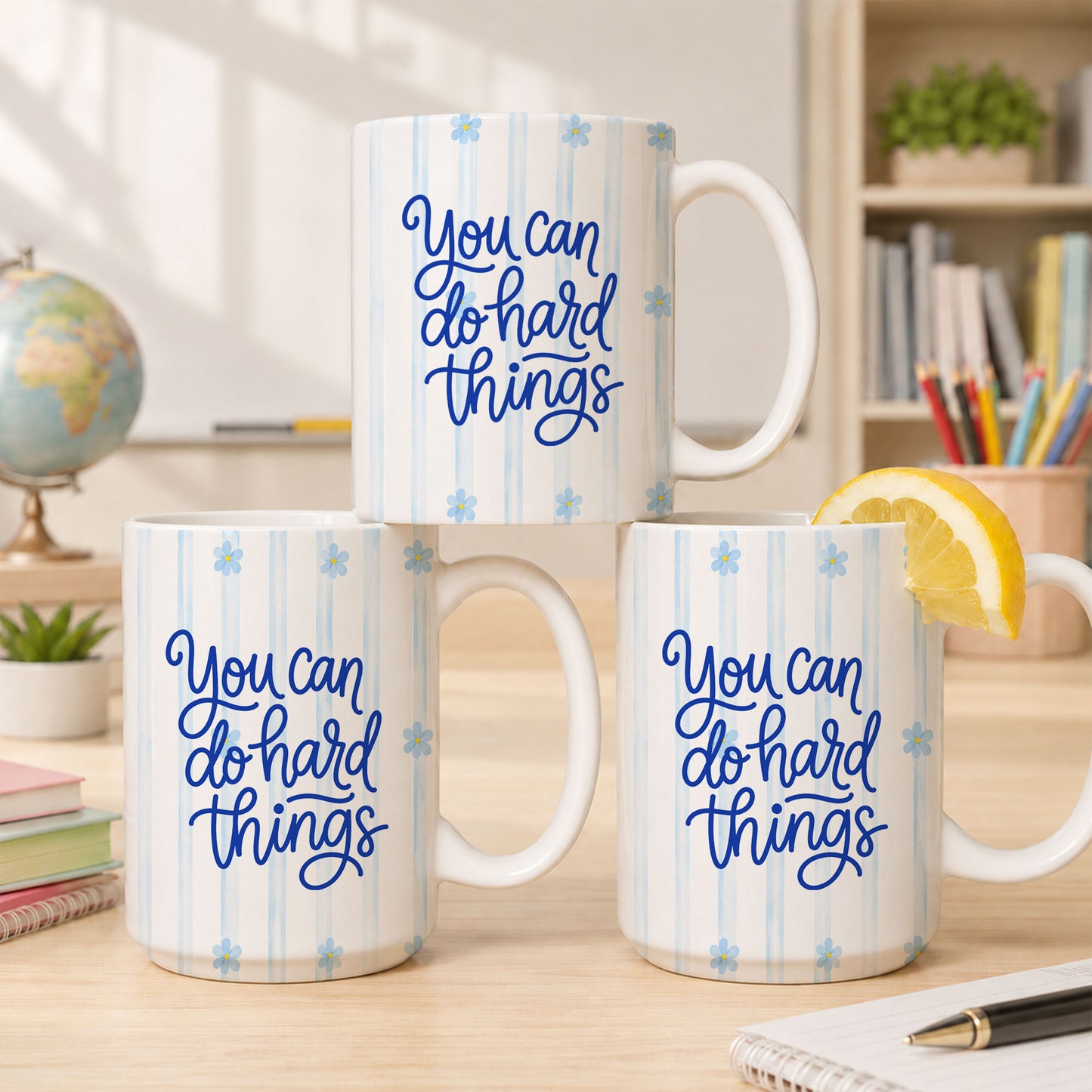 Personalized Teacher Student Coffee Mug with Custom Name, You Can Do Hard Things Mug, Striped Color School Gift, Back to School Cup