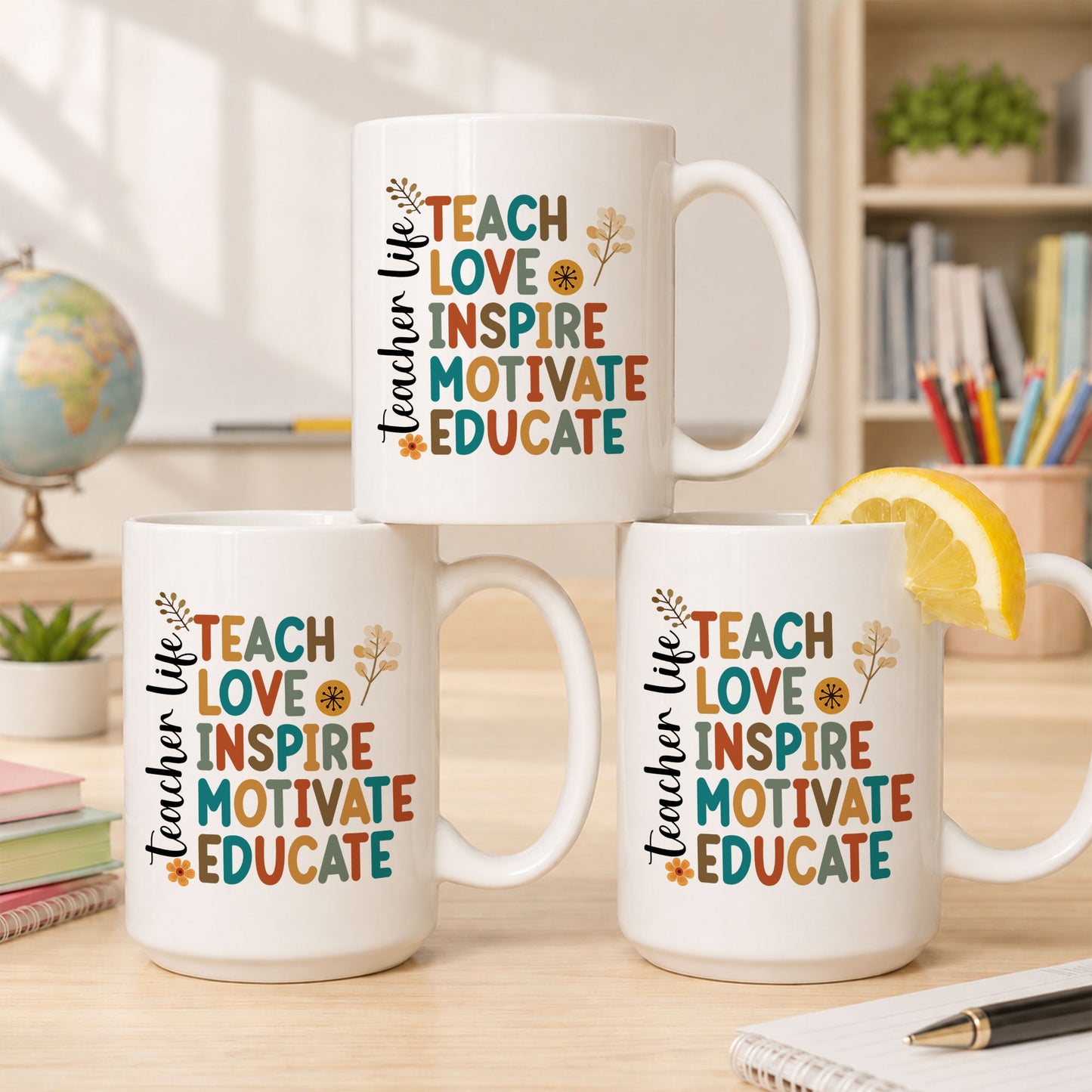 Vintage Floral Teacher Mug - Teach Love Inspire Motivate Educate - Custom Teacher Name Coffee Cup - Appreciation Gift for Teachers