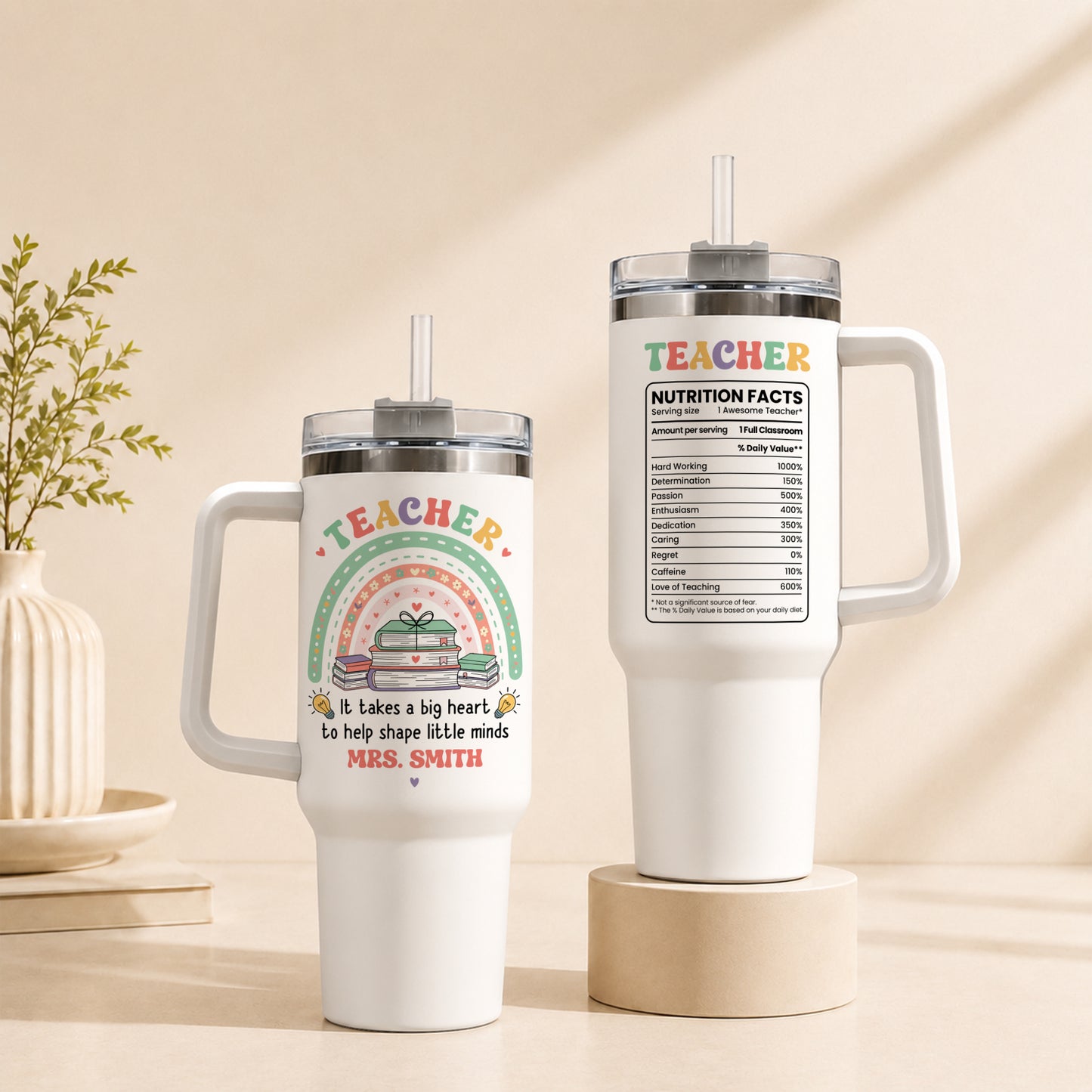 Personalized Teacher Tumbler with Handle - Custom Teacher Name Gift - Rainbow School Travel Cup with Straw - Appreciation Gift for Teachers