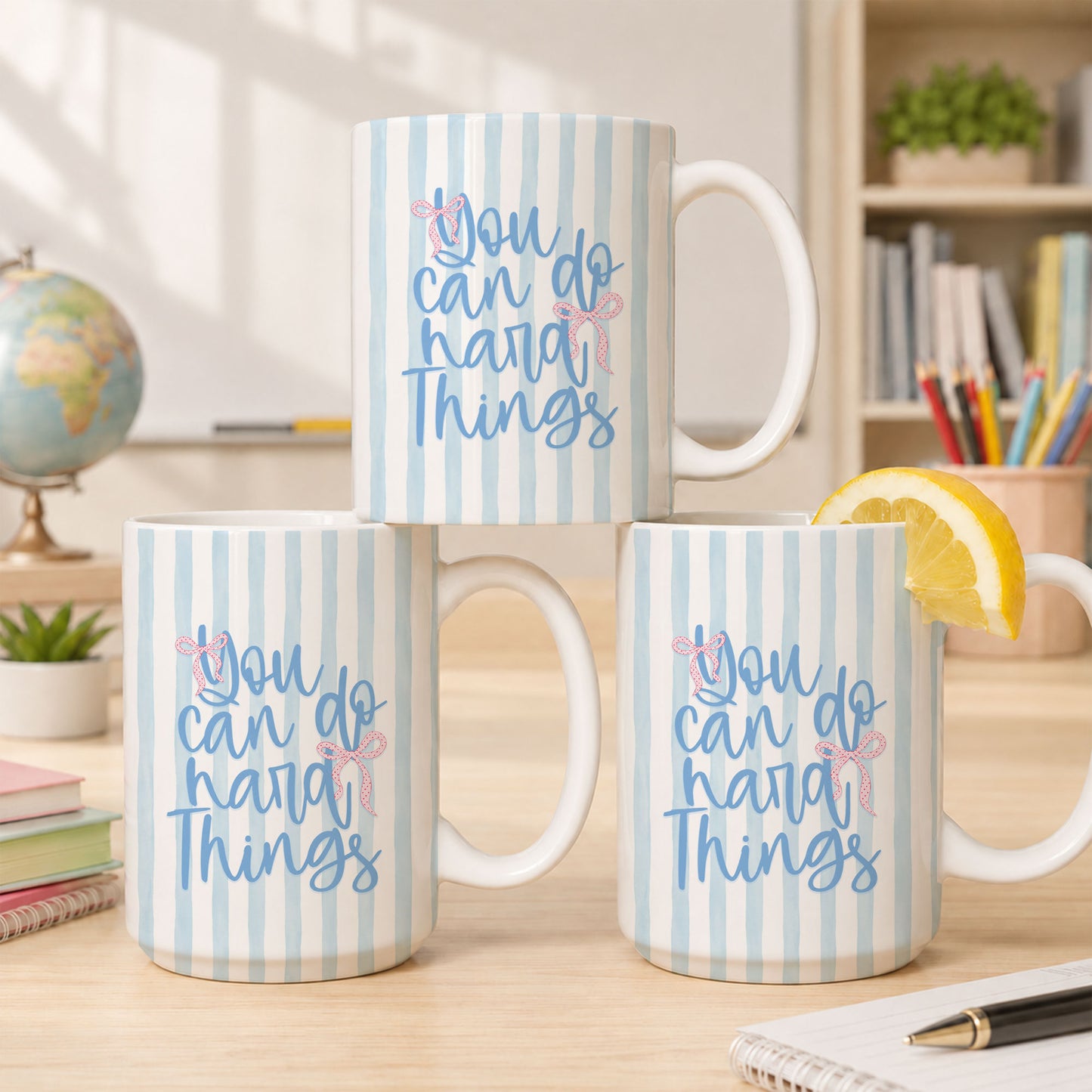 Personalized Teacher Student Coffee Mug with Custom Name, You Can Do Hard Things Mug, Striped Color School Gift, Back to School Cup