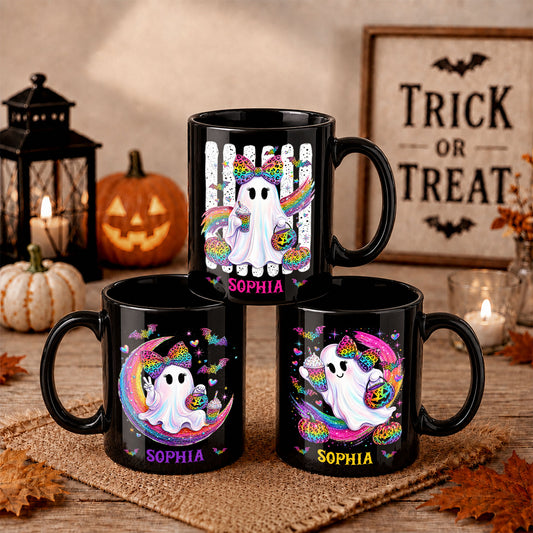 Personalized Halloween Black Mug - Custom Name Ghost & Rainbow Pumpkin Mug - Cute Spooky Halloween Drinkware, Gift for Halloween Lovers