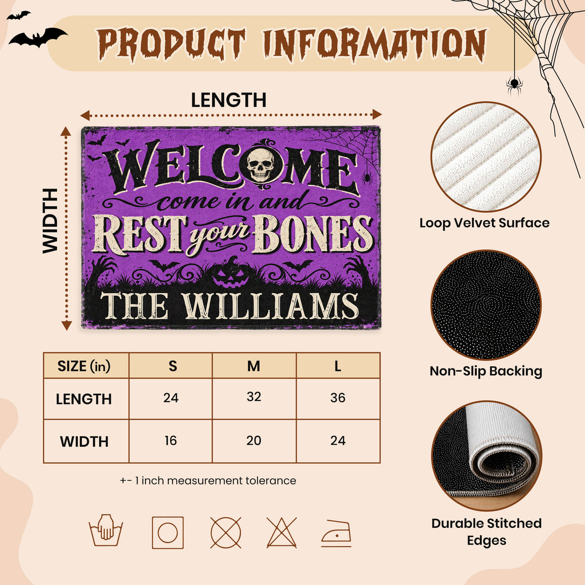 Personalized Halloween Family Name Door Mat - Welcome in Rest Your Bones - Spooky Porch Decor, Funny Halloween Gift for Family