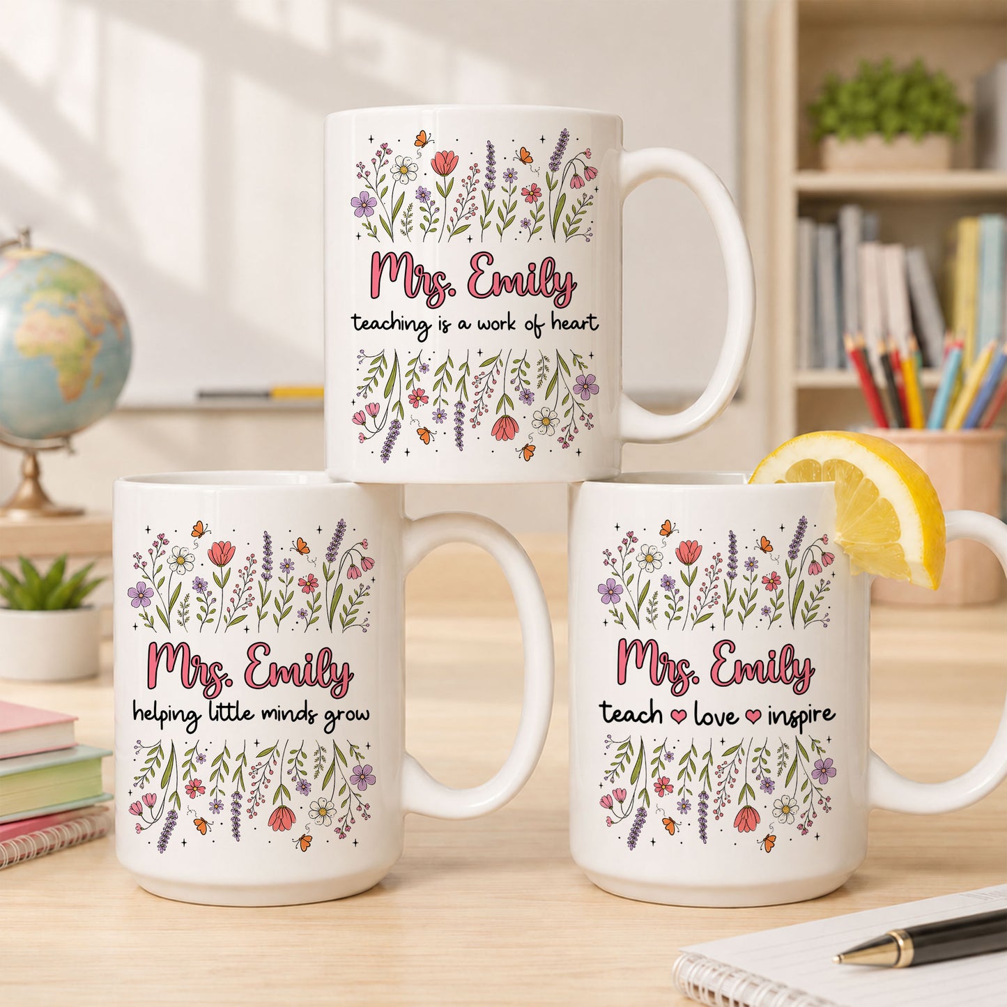 Floral Teacher Mug - Teach Love Inspire - Personalized Wildflower Ceramic Coffee Mug - Back To School Gift for Teachers