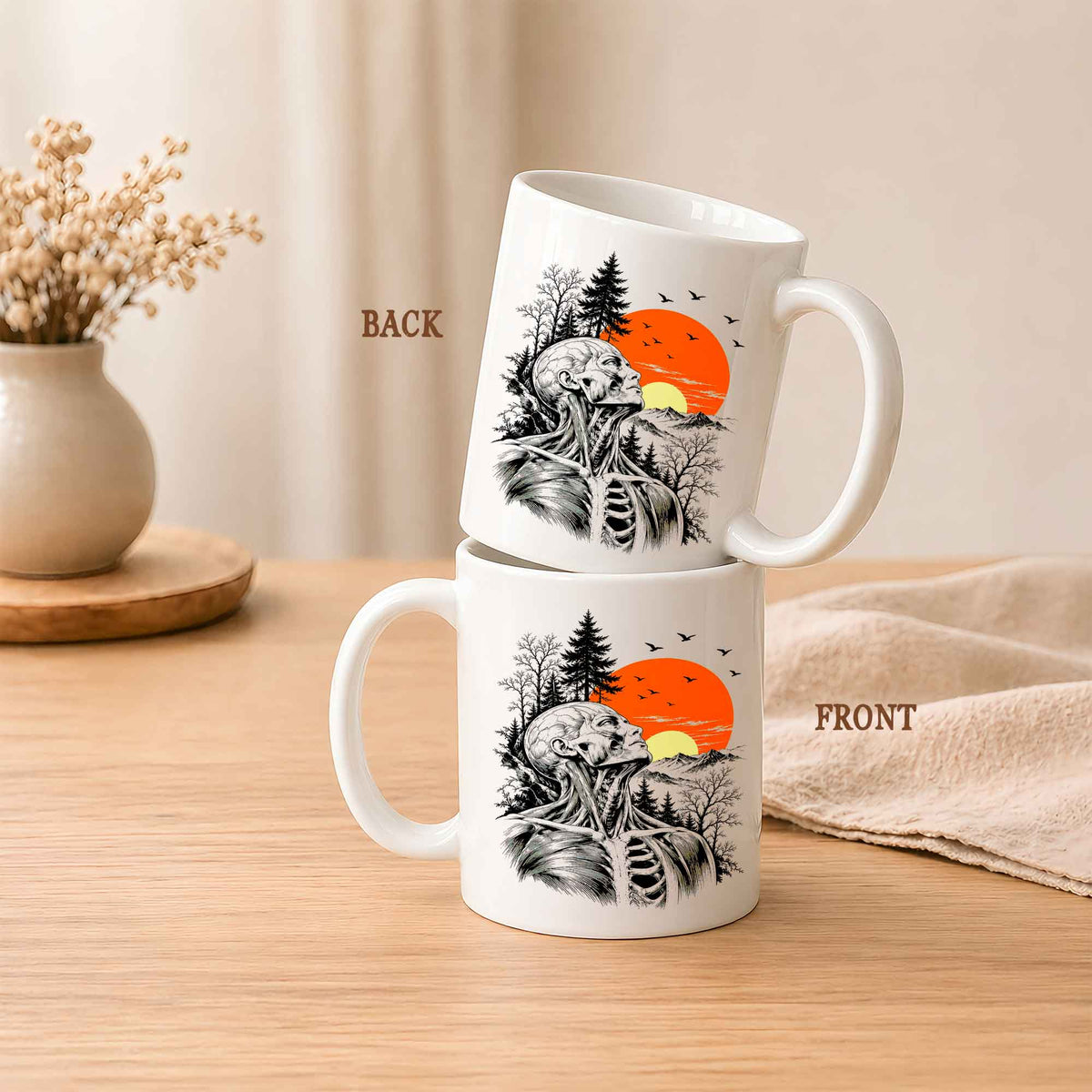 Anatomical Skeleton Sunset Mug, Vintage Mountain Nature Coffee Cup, Gothic Art Gift for Men Women