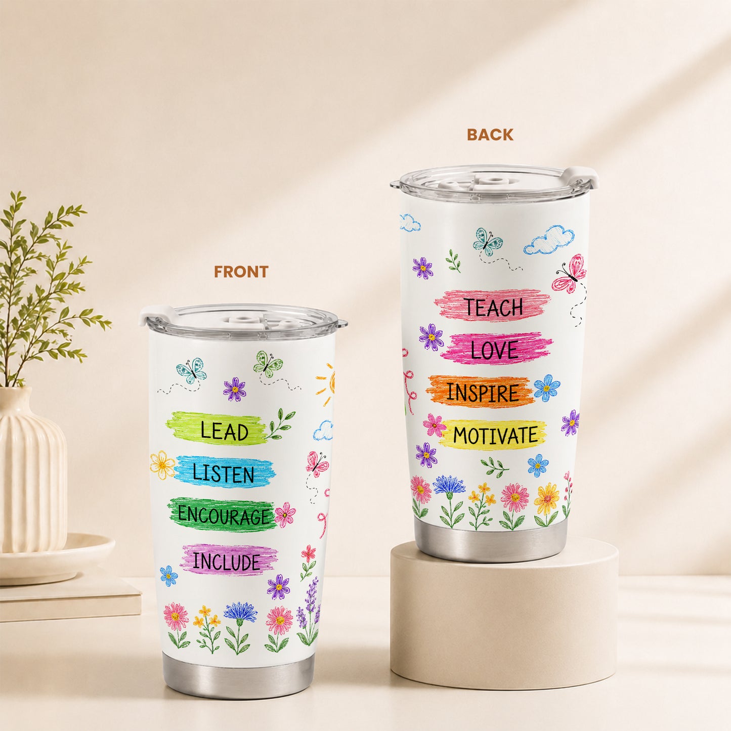 Rainbow Teacher Tumbler - Teach Love Inspire - Custom Teacher Name Travel Cup - Colorful Teacher Gift