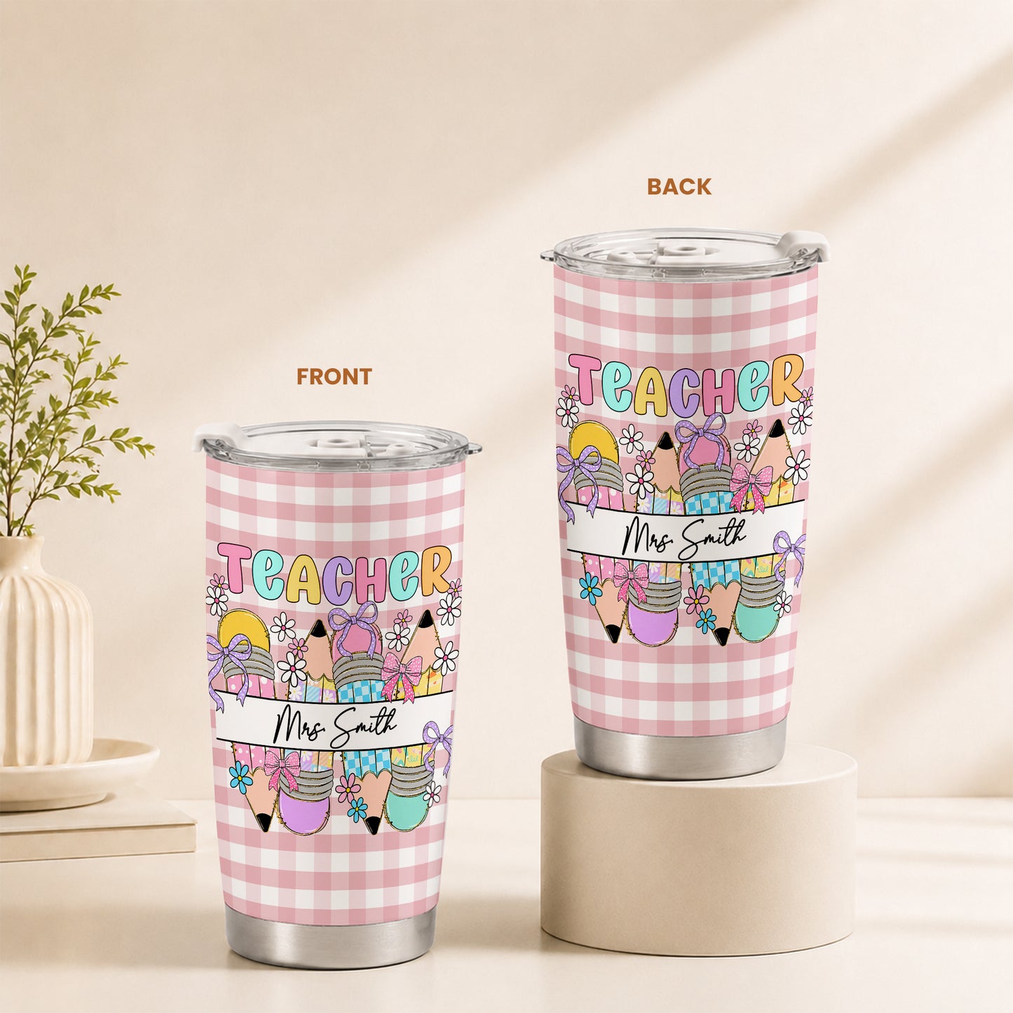 Personalized Teacher Tumbler with Custom Name, Cute Pencil Floral Travel Cup, Teacher Appreciation Gift, Back to School Teacher Gift