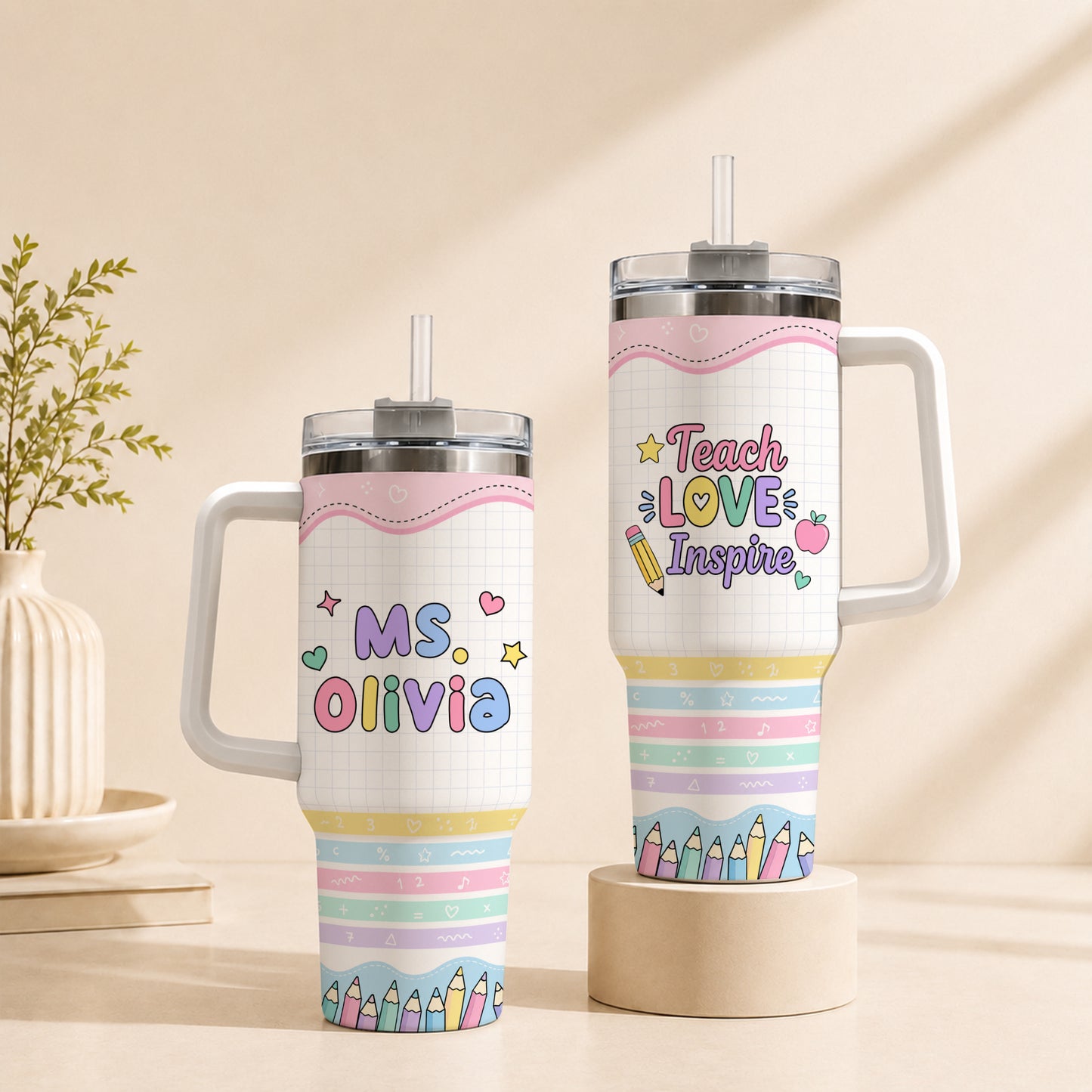 Teach Love Inspire Pastel Teacher Tumbler with Handle – Custom Teacher Name Travel Cup - Back To School Gift for Teachers