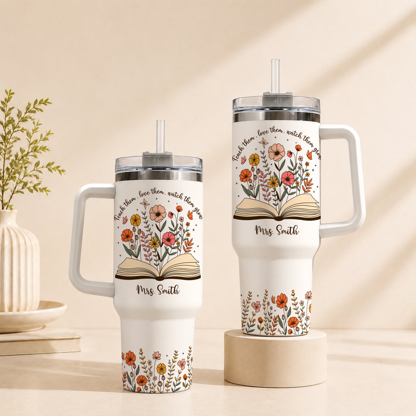 Personalized 40oz Teacher Tumbler with Handle & Straw – Custom Floral Teacher Gift for Back to School, First Day of School & Teacher Appreciation