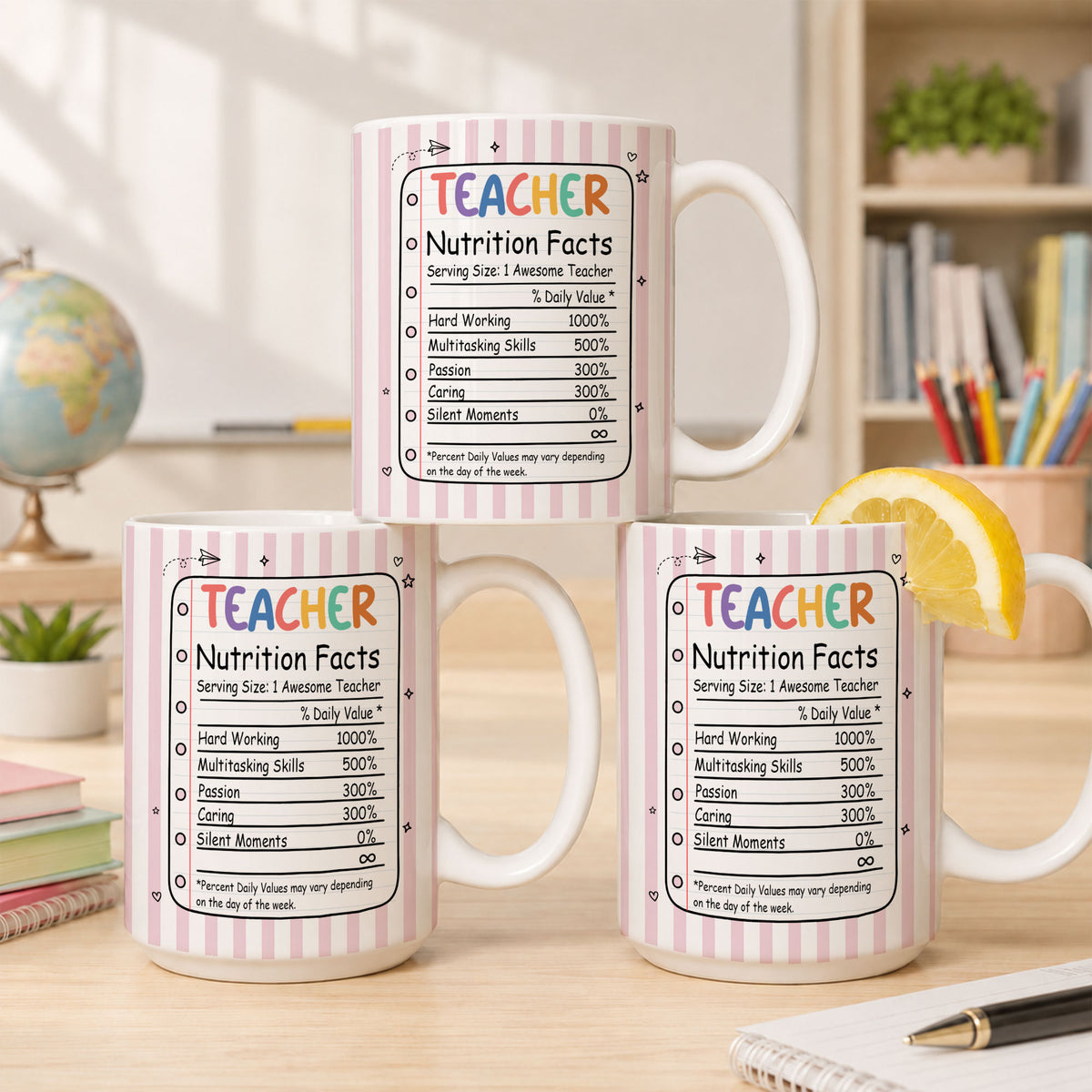 Back To School - Personalized Teacher Mug - Teacher Nutrition Facts - Custom Name Striped Mug, Gift for Teachers
