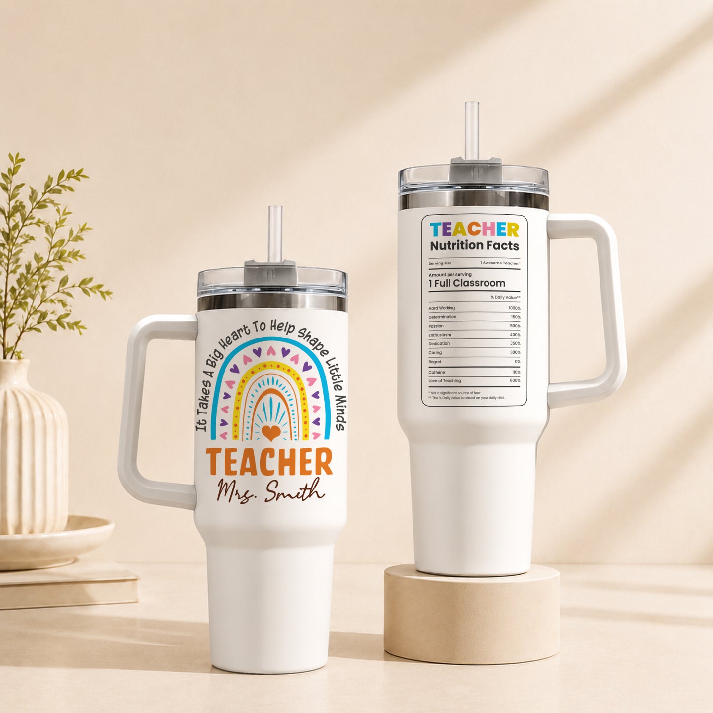 Personalized Teacher Tumbler with Handle - Custom Teacher Name Gift - Rainbow School Travel Cup with Straw - Appreciation Gift for Teachers