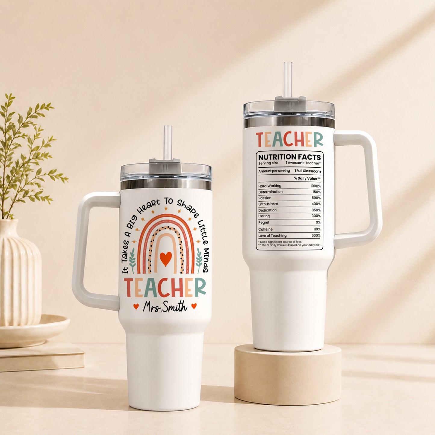 Personalized Teacher Tumbler with Handle - Custom Teacher Name Gift - Rainbow School Travel Cup with Straw - Appreciation Gift for Teachers