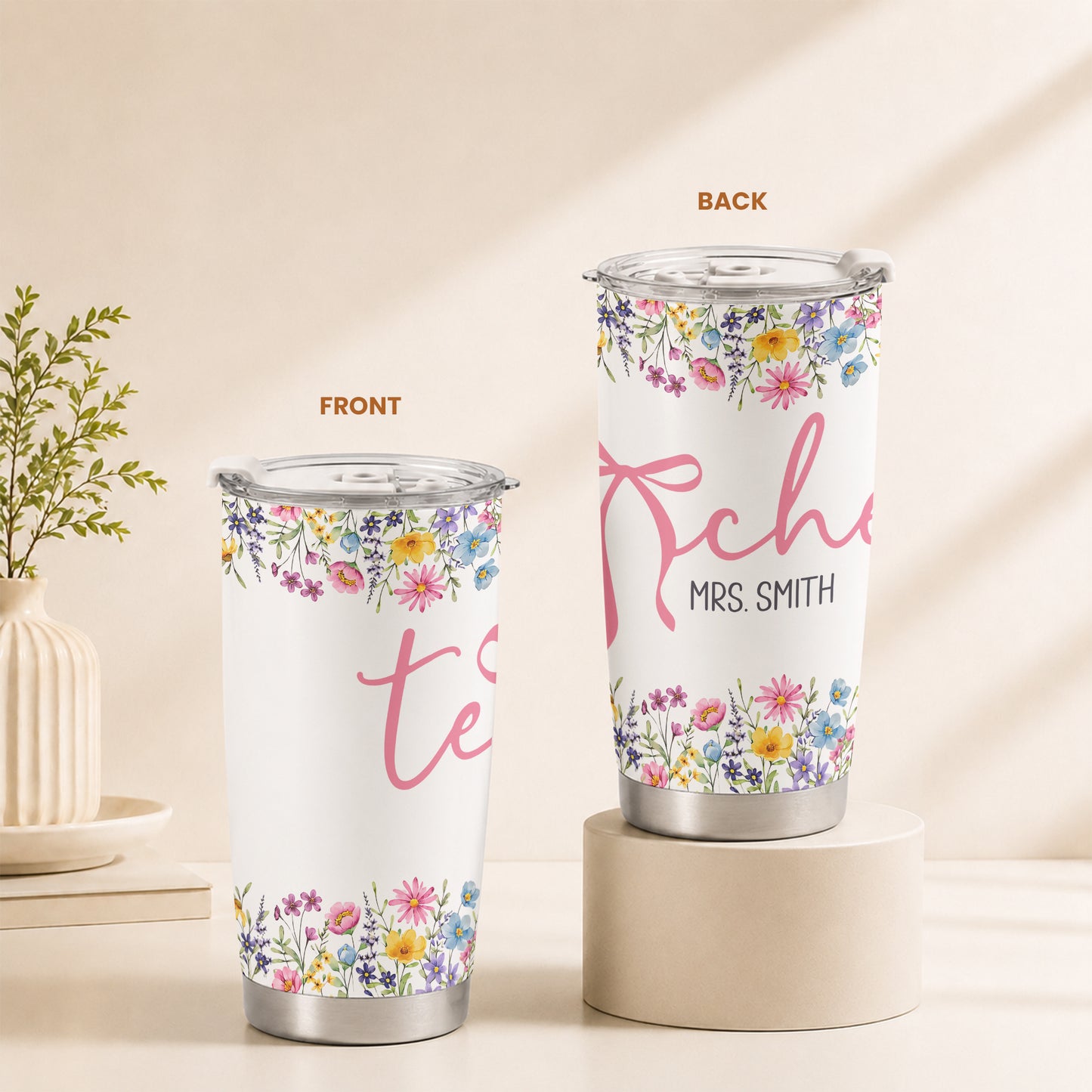 Personalized Teacher Tumbler with Custom Name, Cute Pencil Floral Travel Cup, Teacher Appreciation Gift, Back to School Teacher Gift