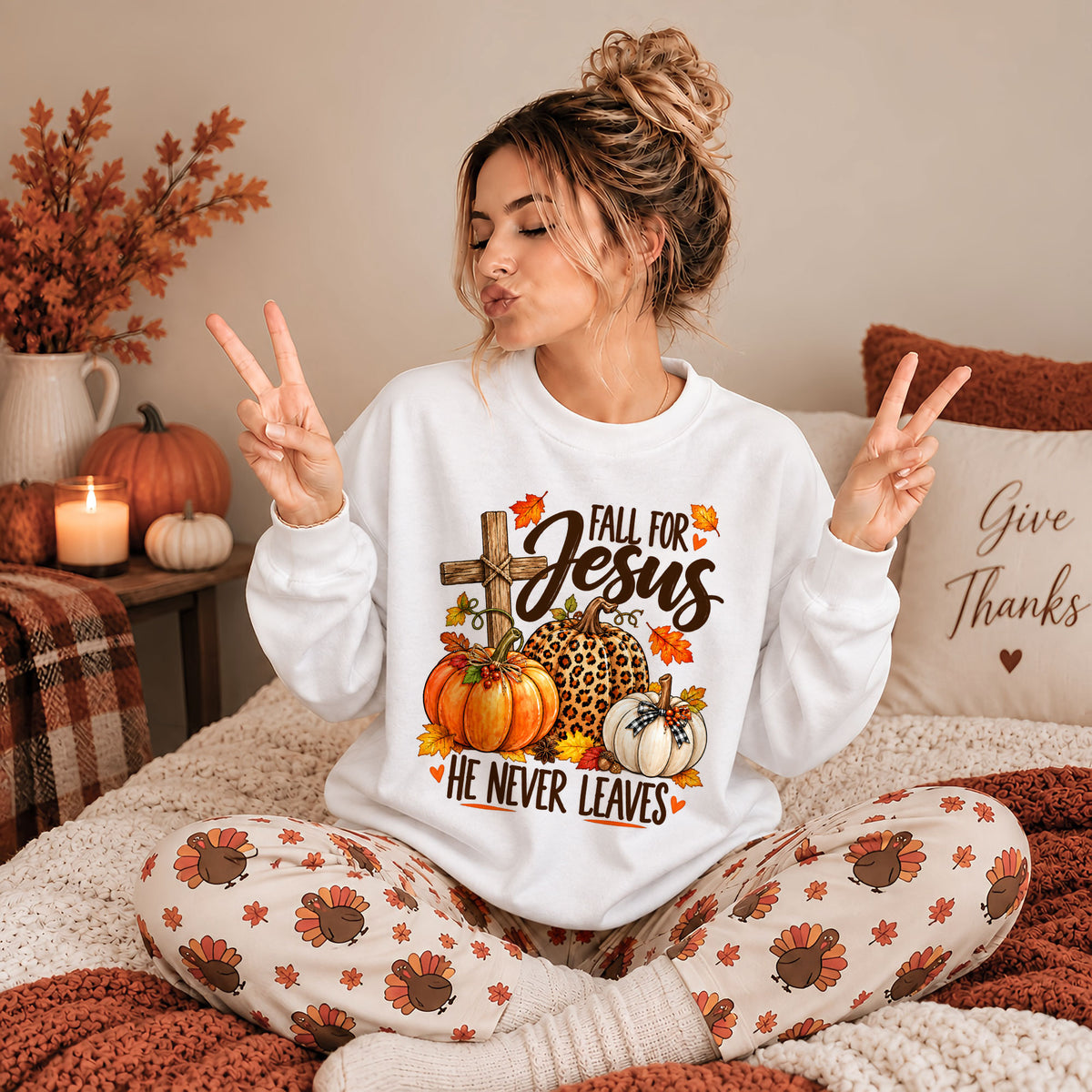 Christian Thanksgiving Shirt - Fall For Jesus He Never Leaves - Trendy Fall Gift for Friends