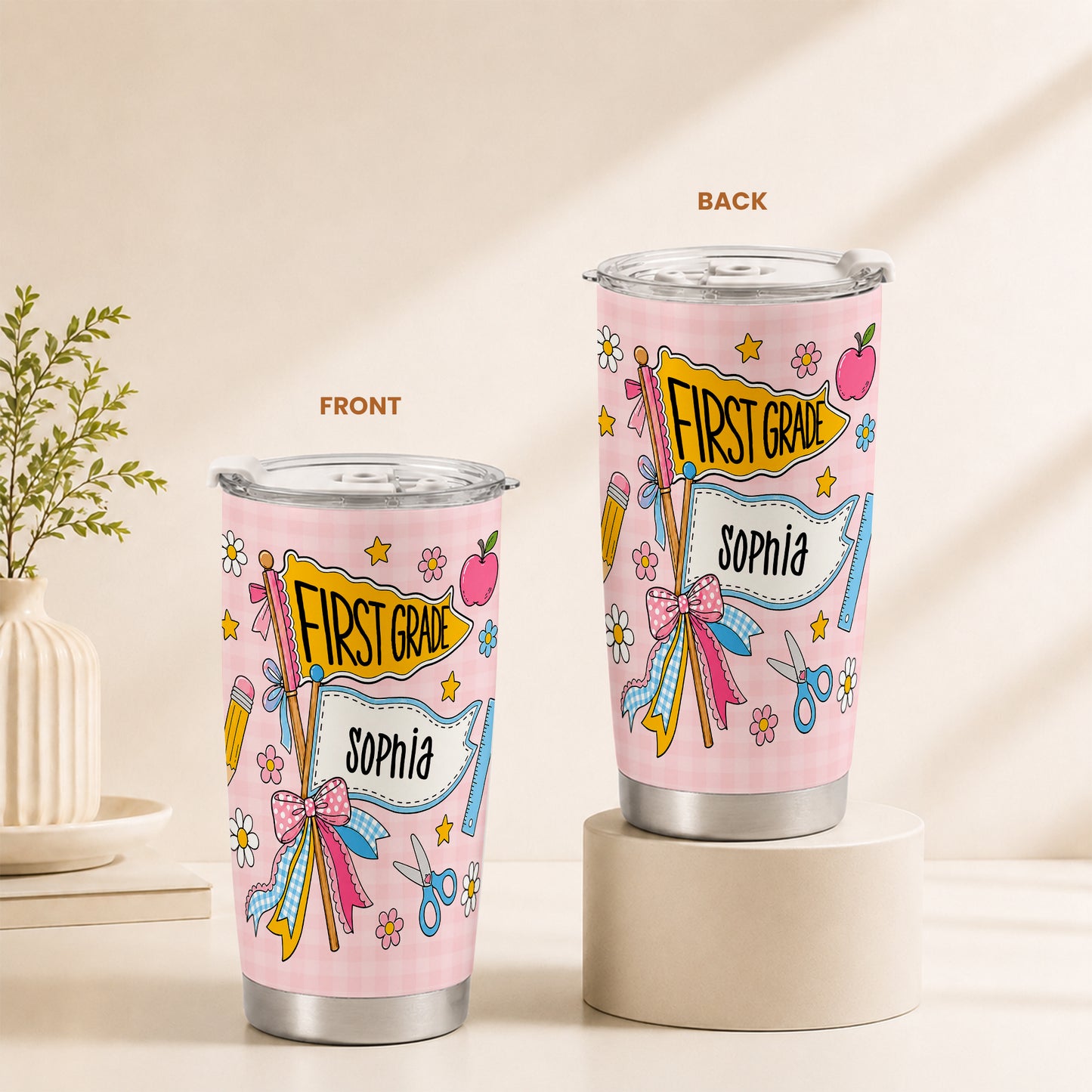 Personalized Back to School Tumbler - Custom Name & Class for Teachers and Students, Pastel Bow 20oz Travel Cup