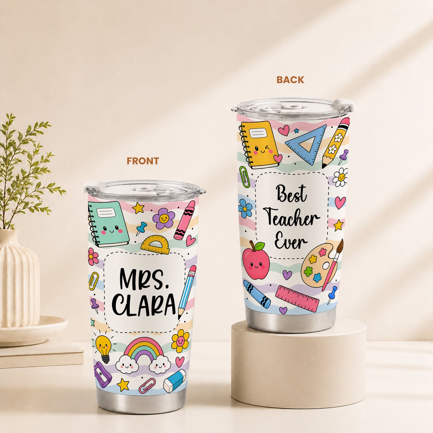 Best Teacher Ever Colorful Tumbler - Custom Teacher Name Travel Mug - Back To School Gift
