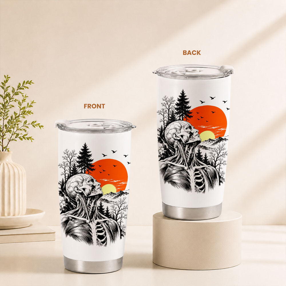 Anatomical Skeleton Sunset Tumbler 20oz, Vintage Mountain Travel Cup, Gothic Gift for Men Women