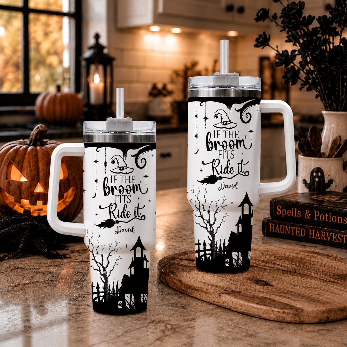 Personalized Halloween Tumbler 40oz with Custom Name, Witch Broom Halloween Gift For Family, Friend